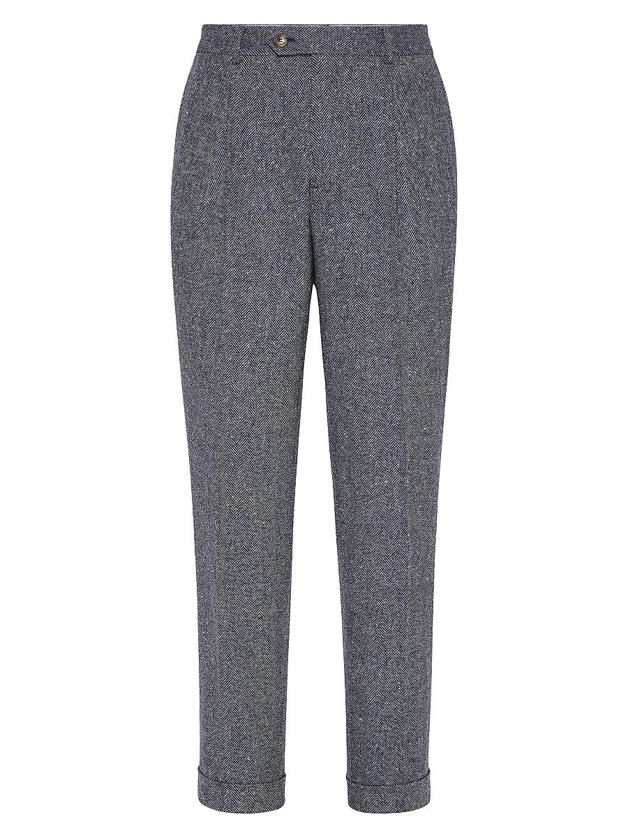 Men's Wool and Cashmere Flecked Chevron Leisure Fit Trousers with Pleat - Navy Blue - Size 48