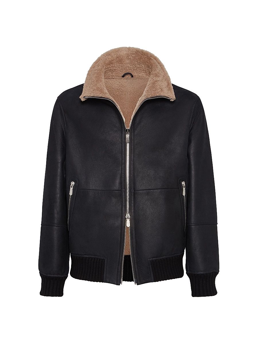Men's Nubuck Effect Shearling Bomber Jacket with Cashmere Knit Collar - Black - Size XXS
