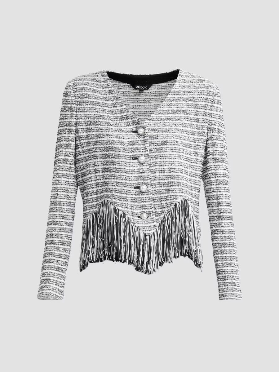 Misook Women's Chevron Tweed Fringe-Trim Jacket - Black White - Size Small