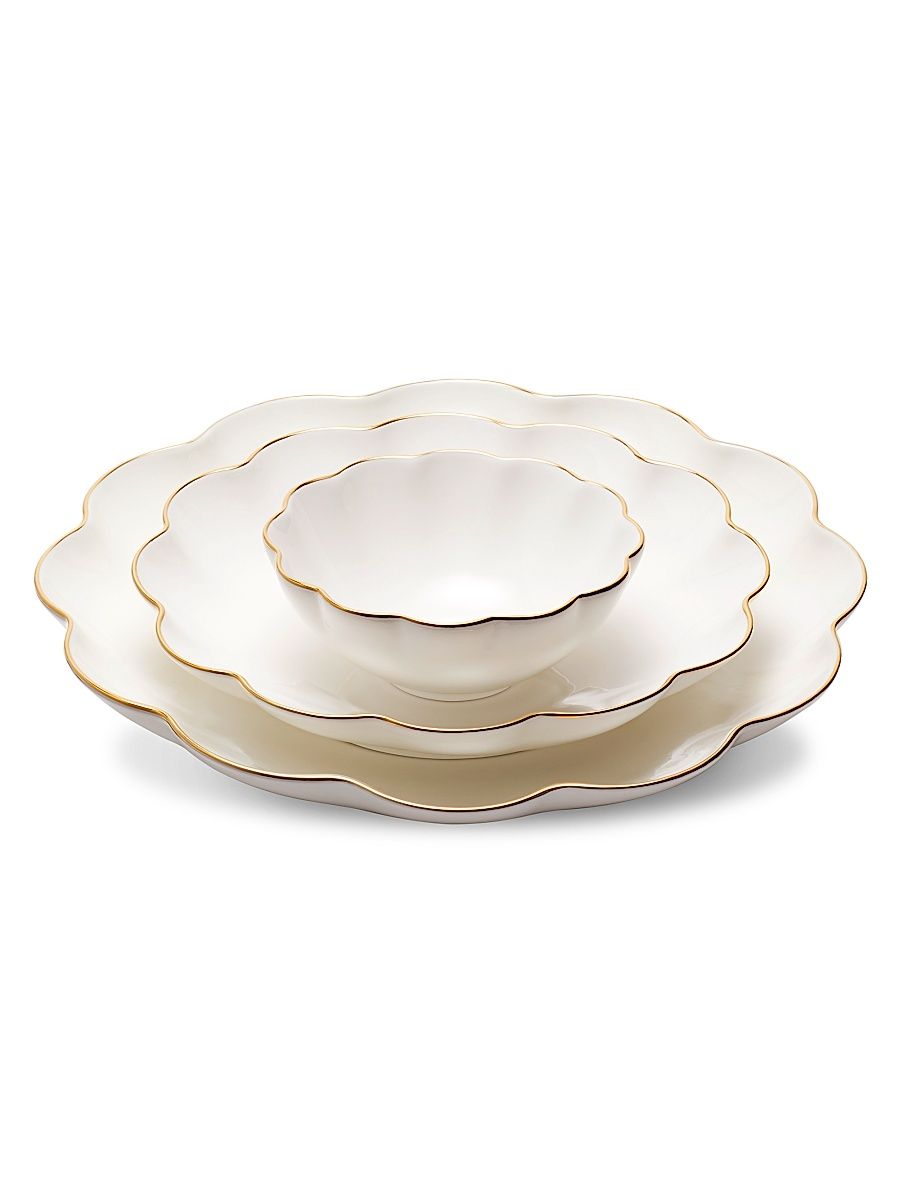 AERIN Scalloped 3-Piece 18K Yellow Goldplated & Ceramic Nestin Serving Dish Set - Cream