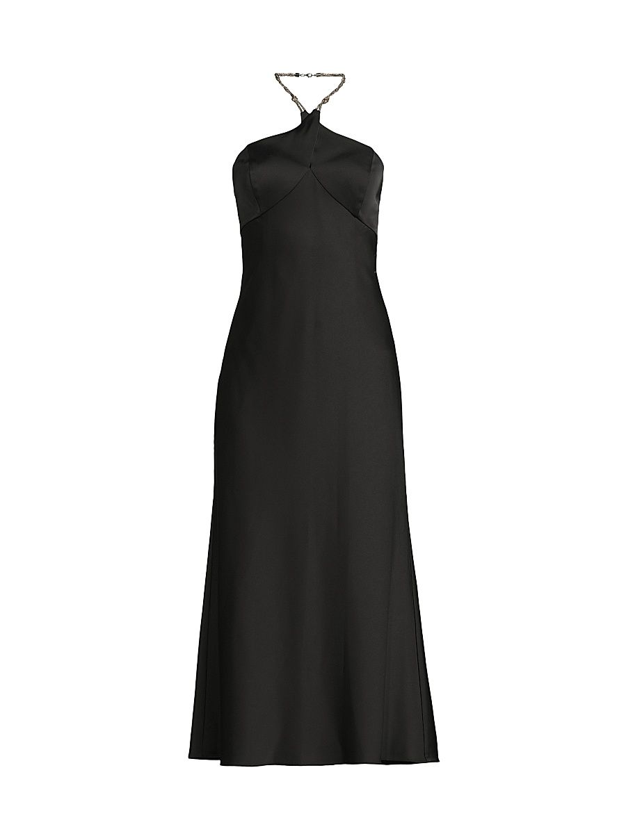 Women's Stretch Satin Halterneck Midi-Dress - Black - Size 14
