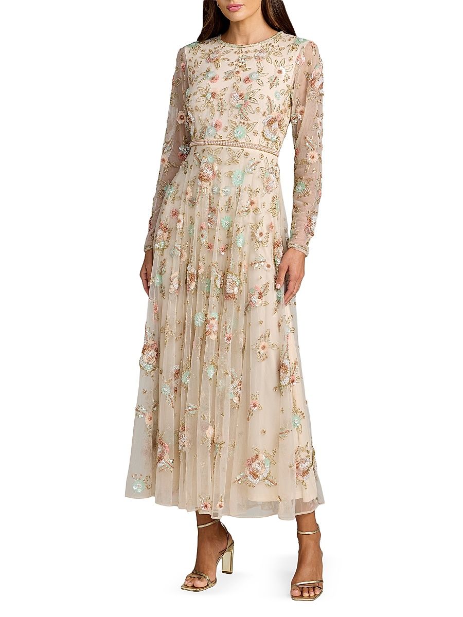 Women's Floral Beaded Mesh Midi-Dress - Beige Multi - Size 16