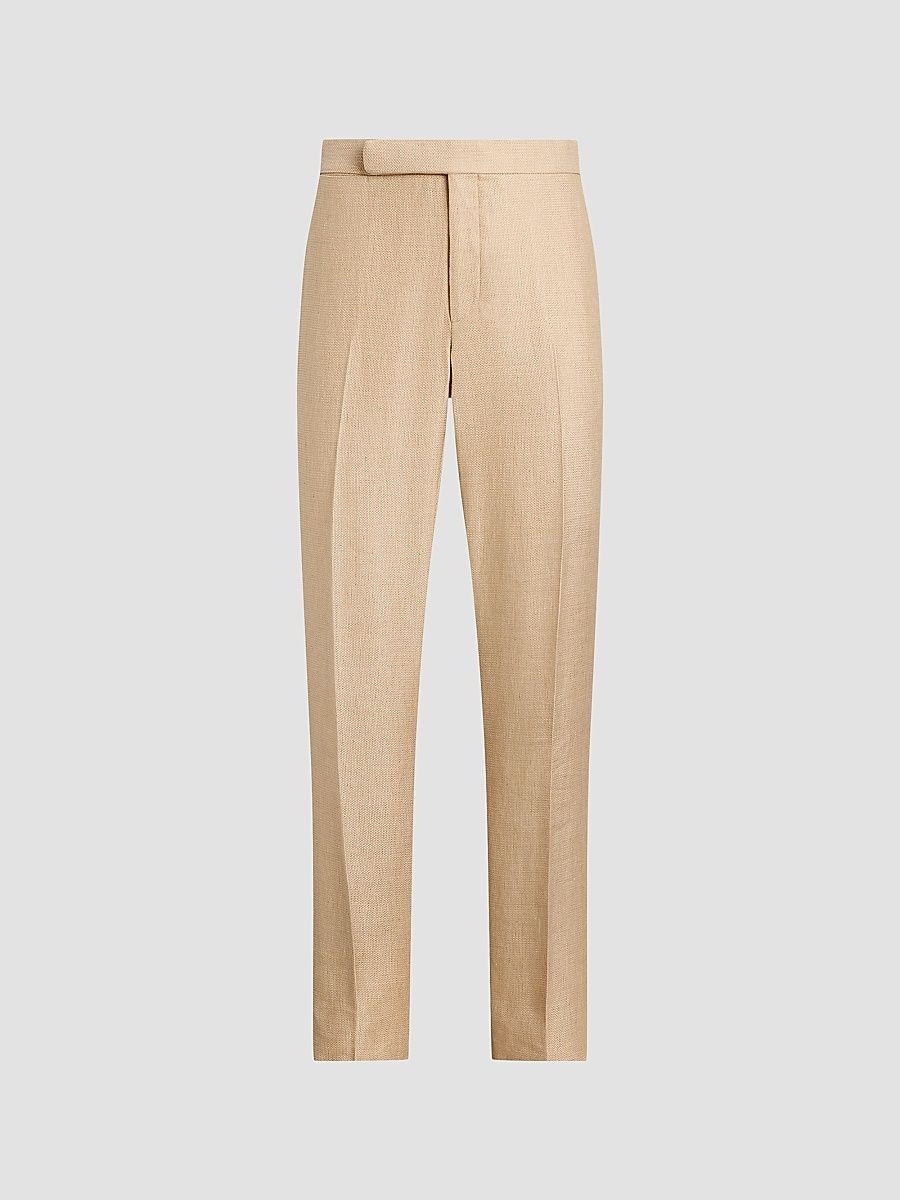 Men's Flat Front Silk-Cotton-Linen Trousers - Tan - Size 40