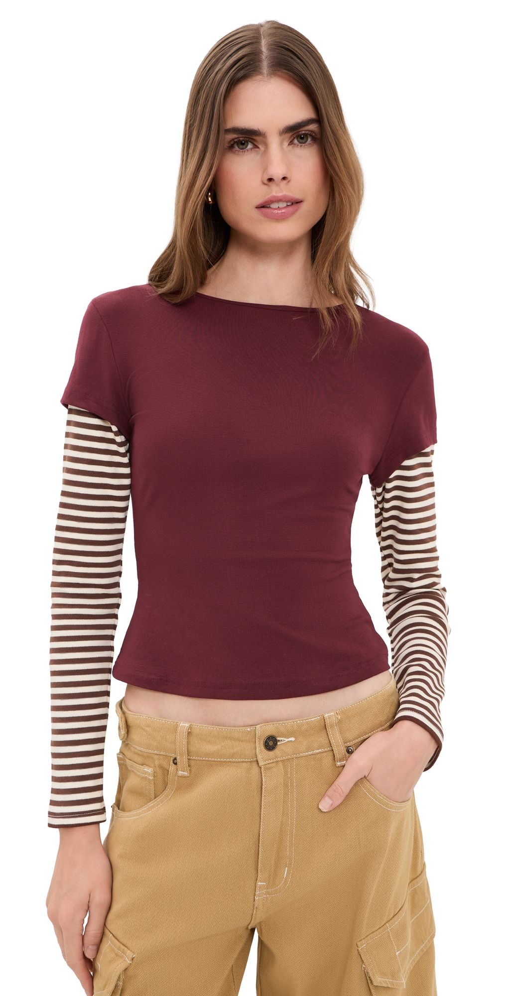 Lioness Bloom Layered Long Sleeve Tee Garnet Stripe XXS