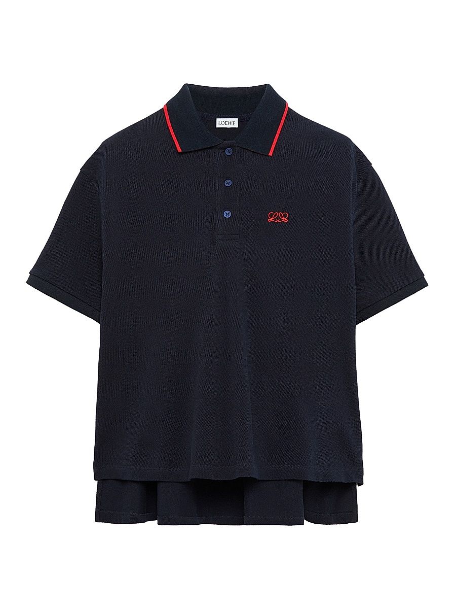 Women's Trapeze Logo High-Low Cotton-Blend Polo Shirt - Navy Blue - Size Large
