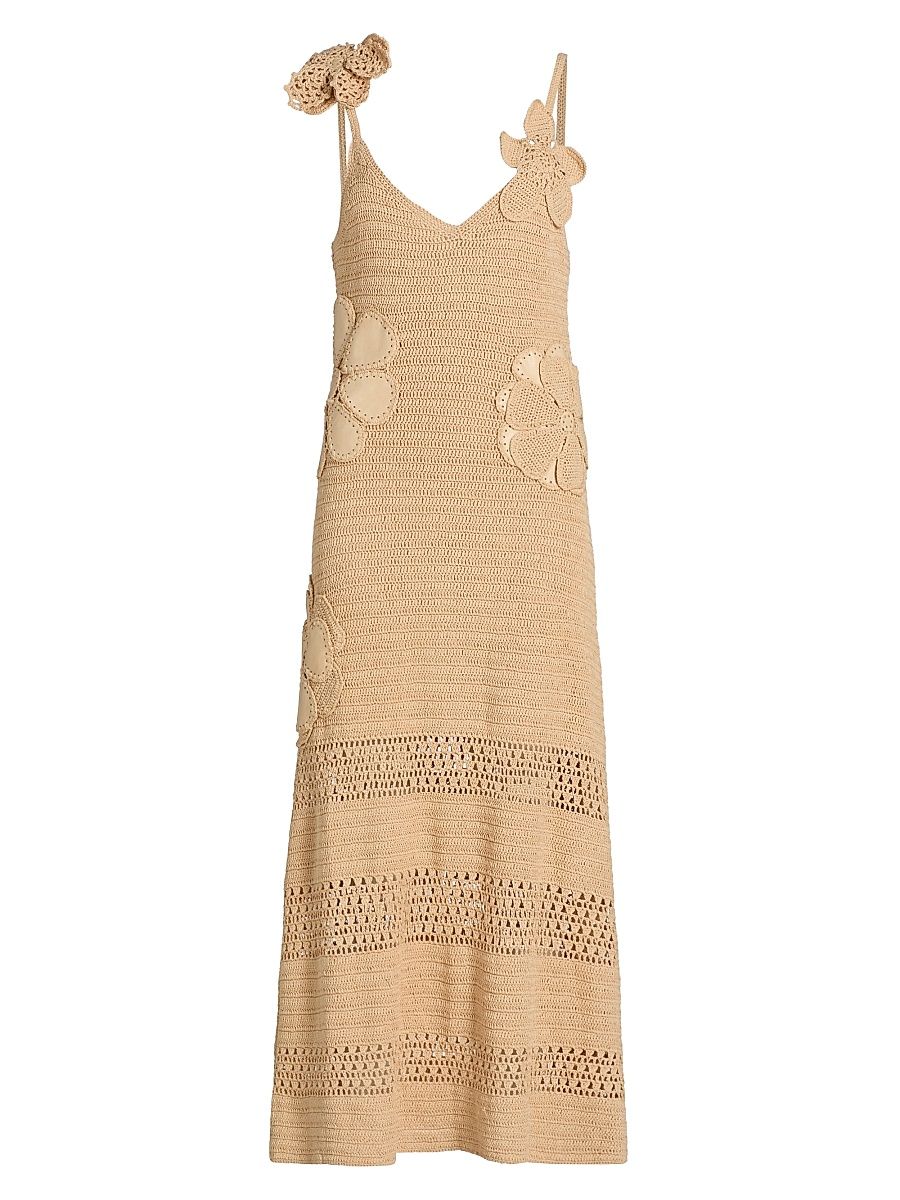Women's Camille Floral Appliqué Cotton Crochet Midi-Dress - Sandstone - Size Large