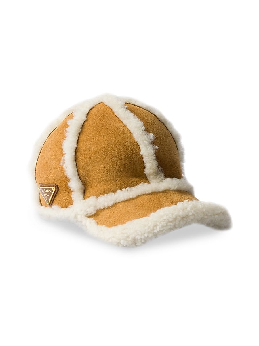 Women's Suede Shearling Baseball Cap - Beige Khaki - Size Small