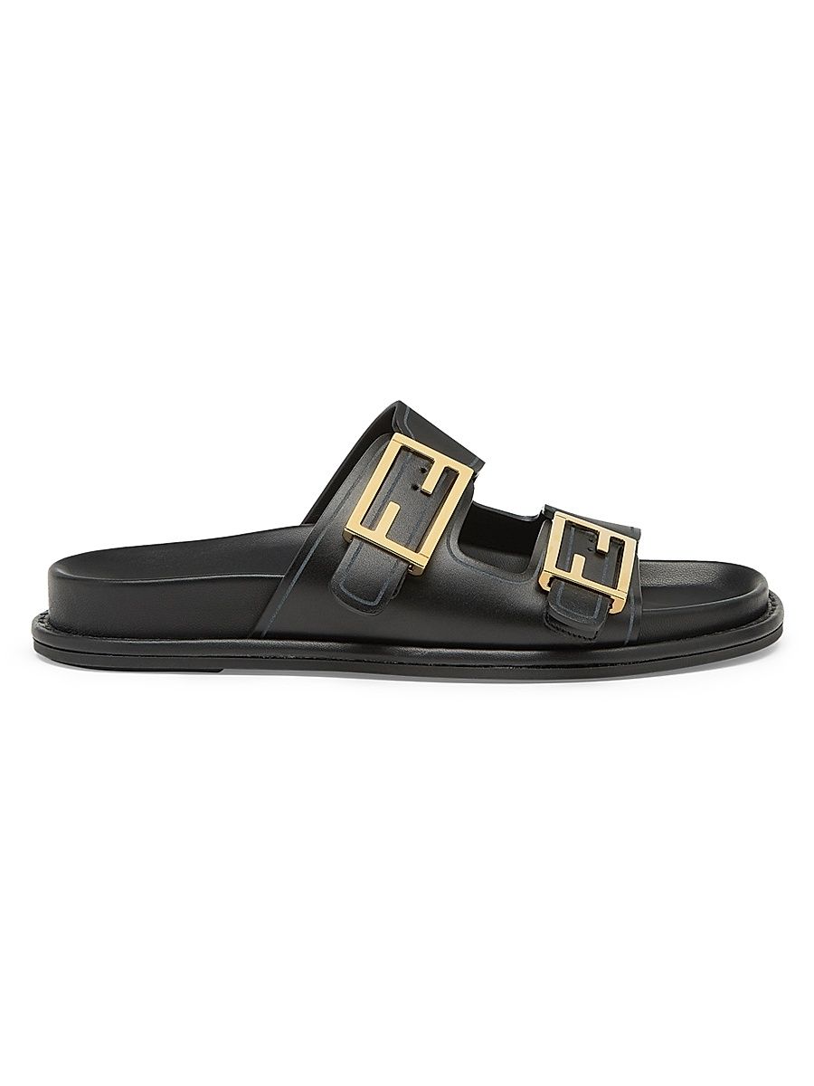 Women's Fendi Feel Buckle Leather Slides - Black - Size 11 Sandals