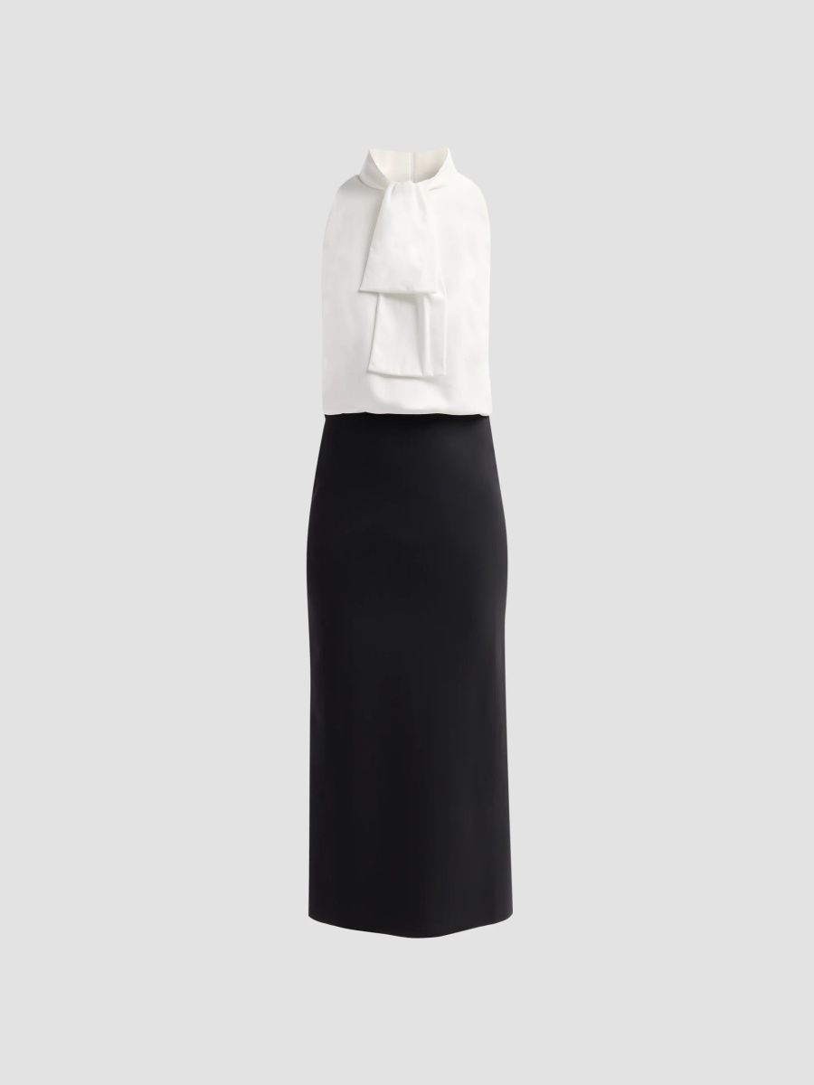 Chiara Boni La Petite Robe Women's Silke Tie-Neck Colorblock Midi Dress - White Top - Size 16
