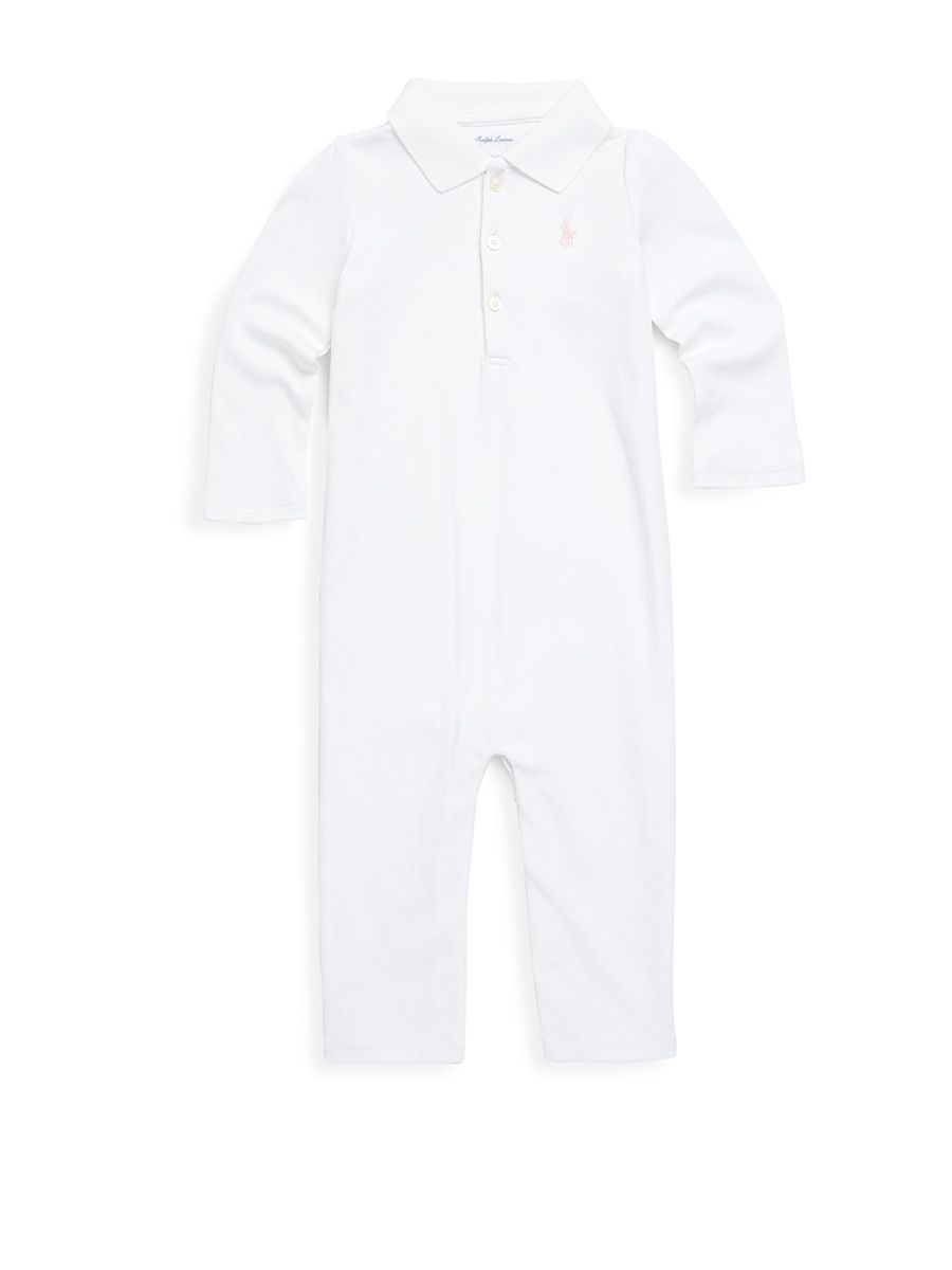 Baby Girl's Cotton Polo Coverall - White - Size Newborn