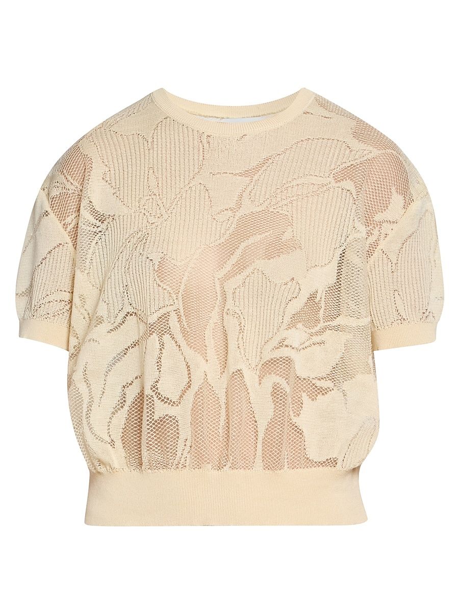 Women's Towel Floral Lace Short-Sleeve Sweater - Cream - Size Large