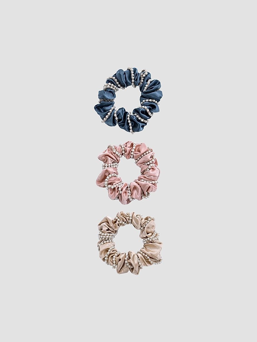 Girl's Pearl Accent Scrunchie Set - Blue Peach Beige