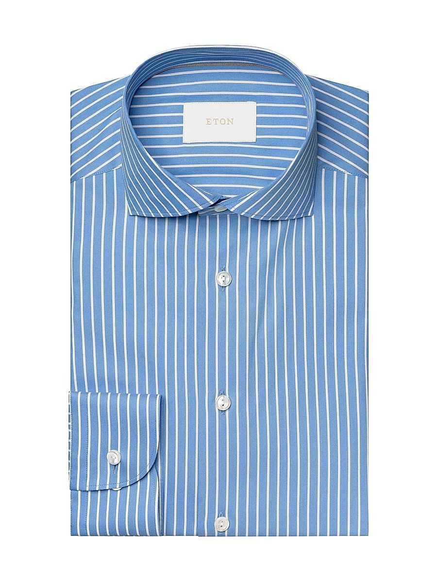 Men's Contemporary-Fit Striped Cotton-Silk Shirt - Blue - Size 17