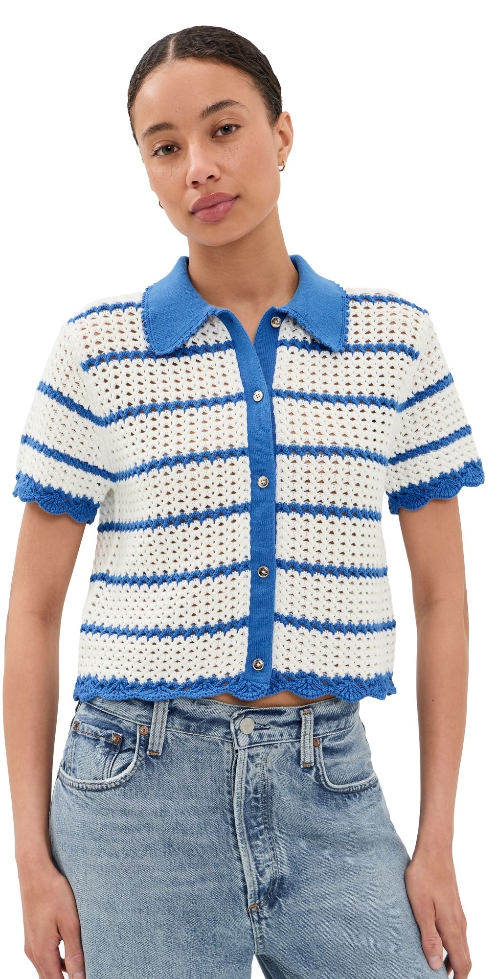 ALICE + OLIVIA Randall Pointelle Polo Cardigan Blue Iris/White M
