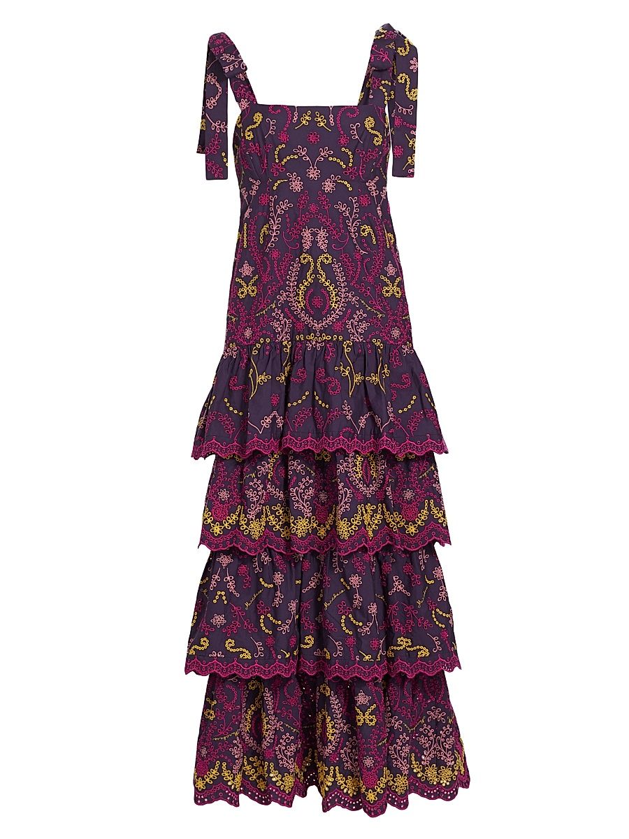 Women's Santal Embroidered Cotton Maxi Dress - Purple Multi - Size 8