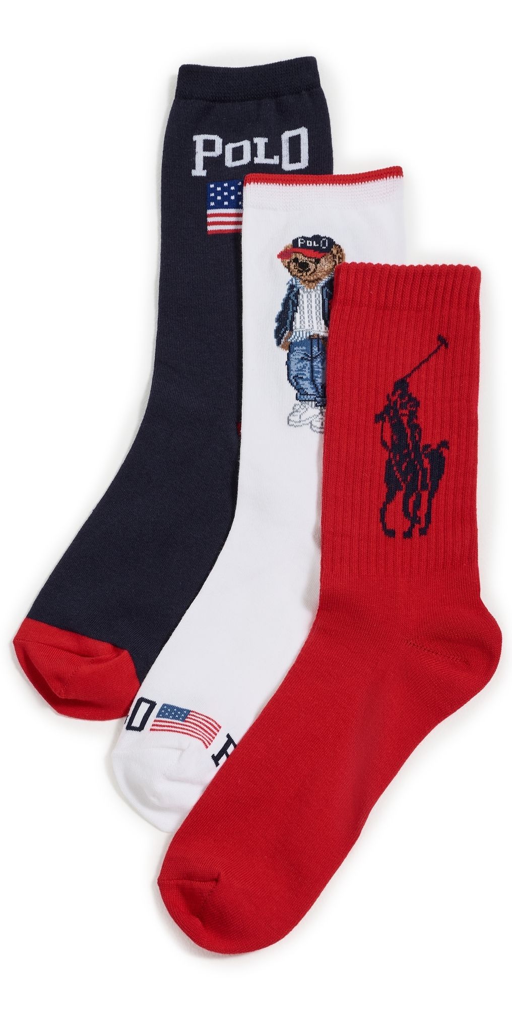 Polo Ralph Lauren Spring Bear Socks Gift 3-Pack Red White Navy Assorted One Size