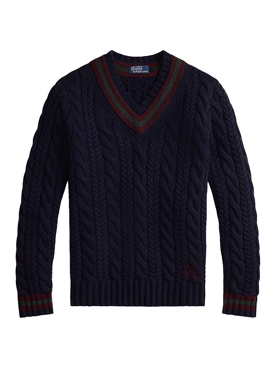 Men's Cable-Knit Wool-Blend V-Neck Sweater - Navy Combo - Size XXL