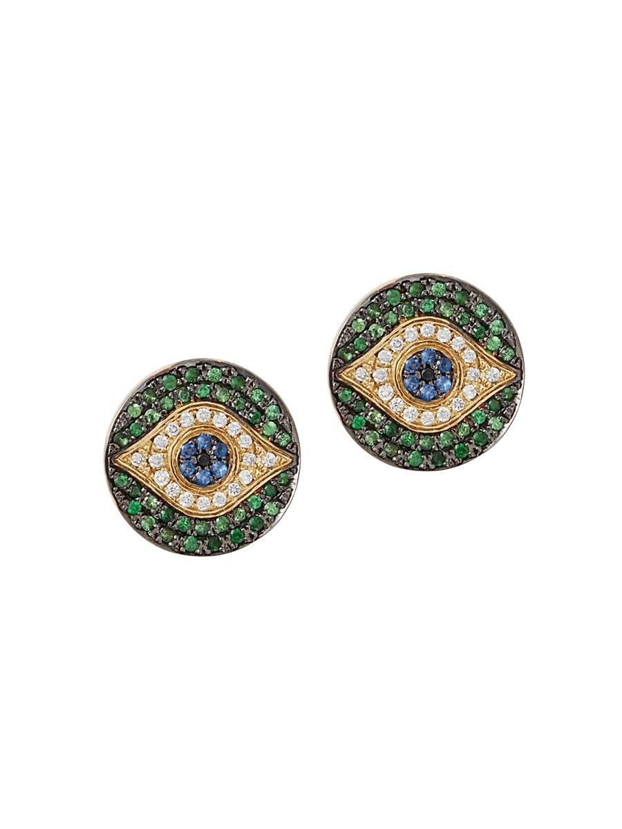 Women's Evil Eye Mini 18K Yellow Gold, White Diamond, Black Diamond, Blue Sapphire & Tsavorite Stud Earrings