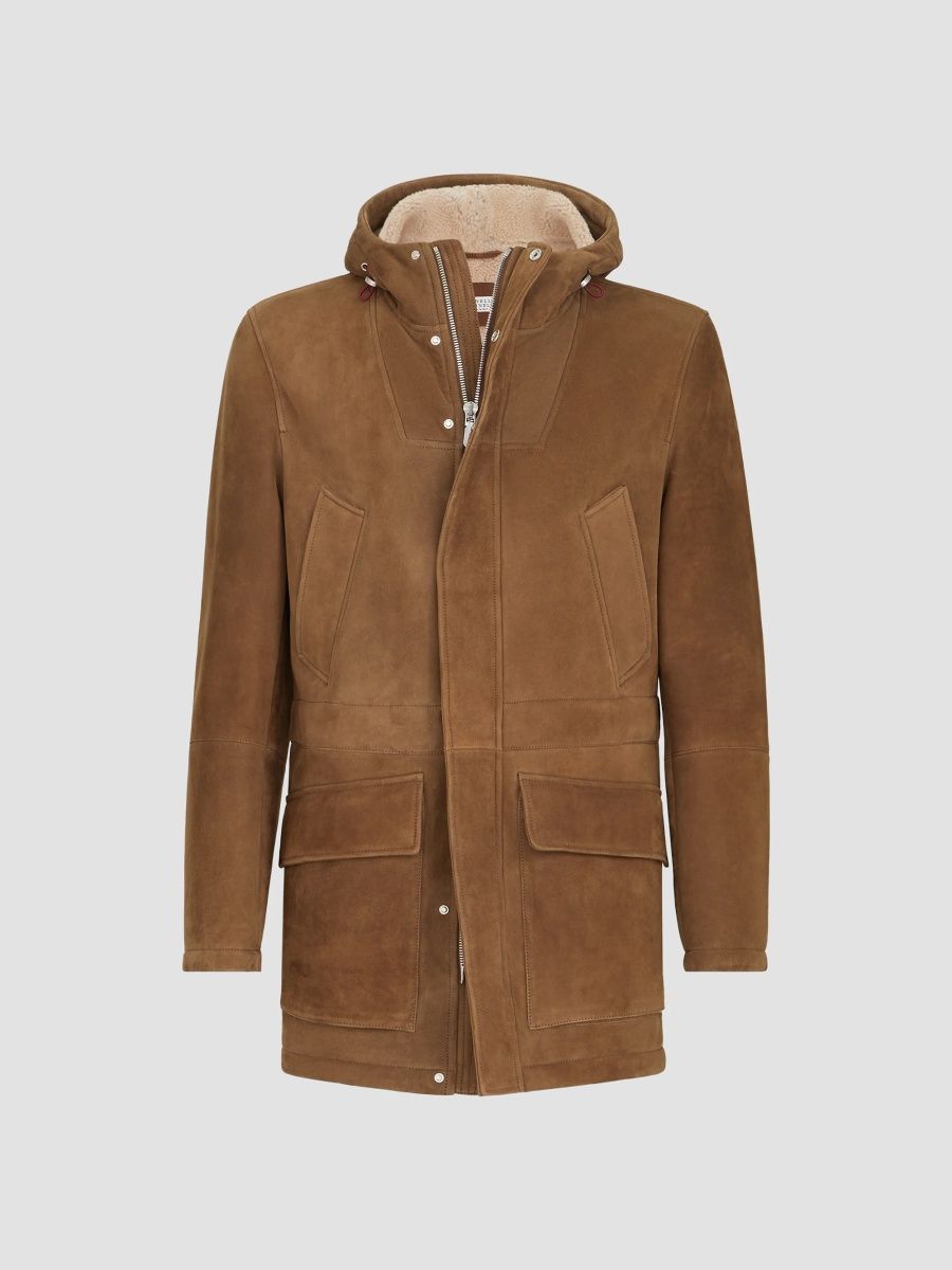 Brunello Cucinelli Men's Suede Curly Shearling Parka Jacket - Brown - Size XXXXL