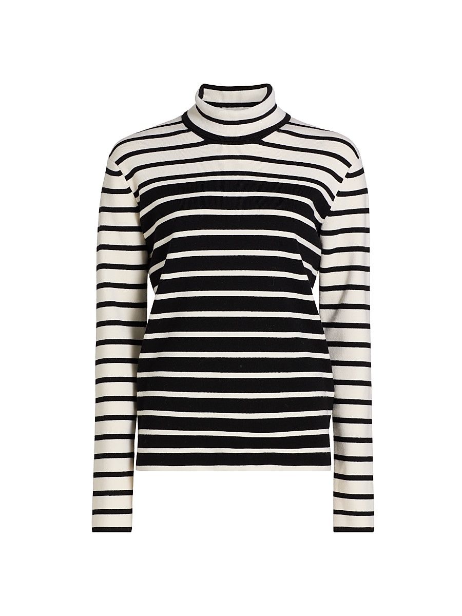 Women's Striped Wool Turtleneck Sweater - White Black - Size XXS