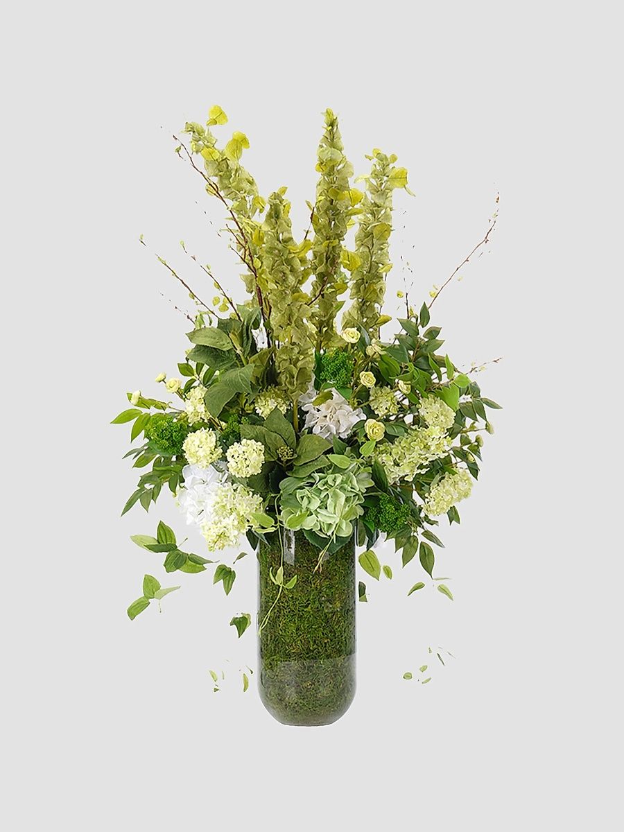 Hydrangeas & Bells of Ireland Faux Floral Arrangement in Moss Glass Vase - Green