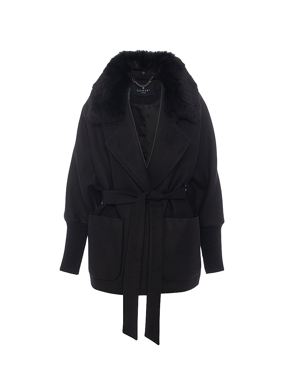 Women's Fabric Coat with Detachable Shearling Lamb Collar, Belt - Black - Size XL
