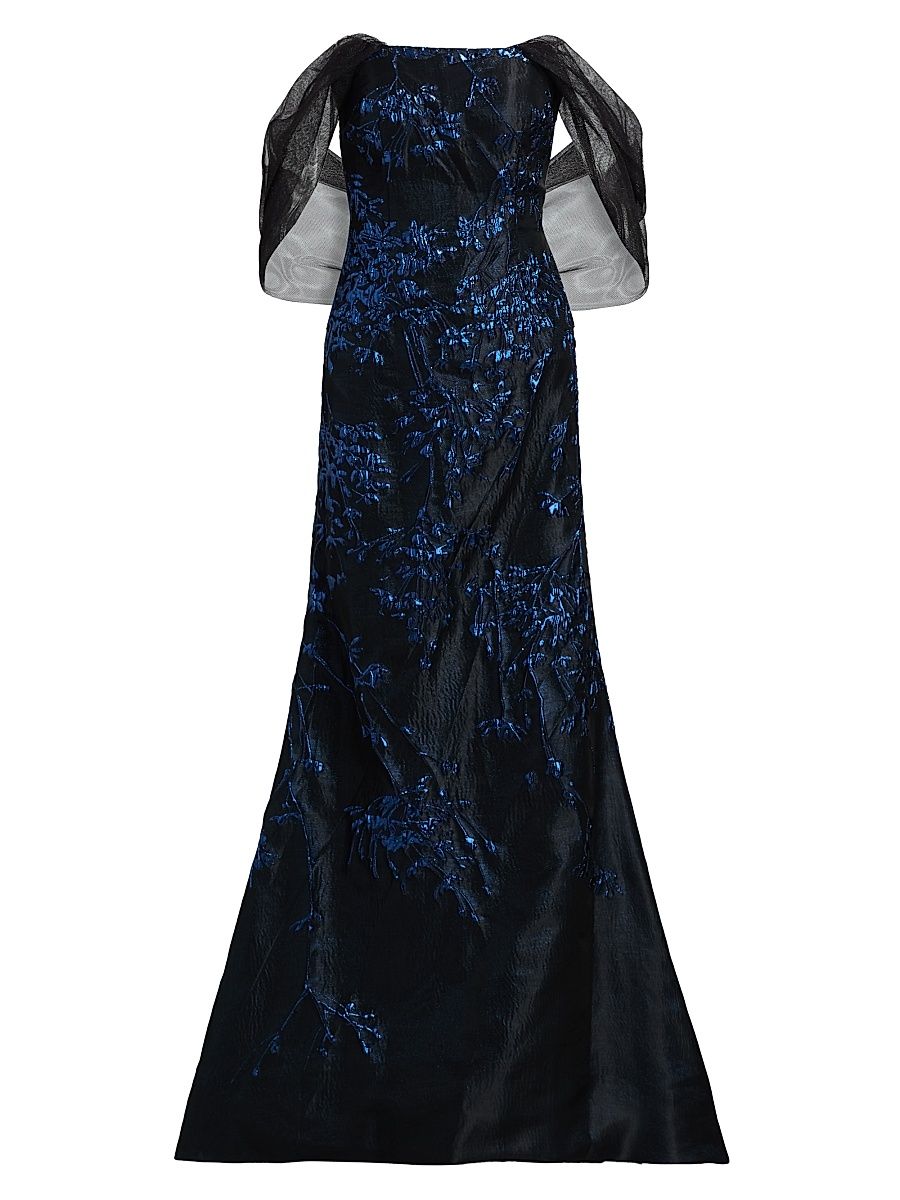 Women's Draped-Wrap Brocade Gown - Navy - Size 18