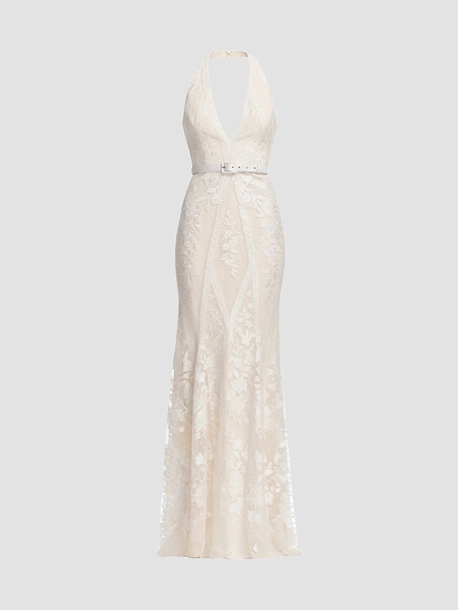 Dress The Population Women's Devin Floral Lace Halter Mermaid Maxi Dress - Off White - Size XXL
