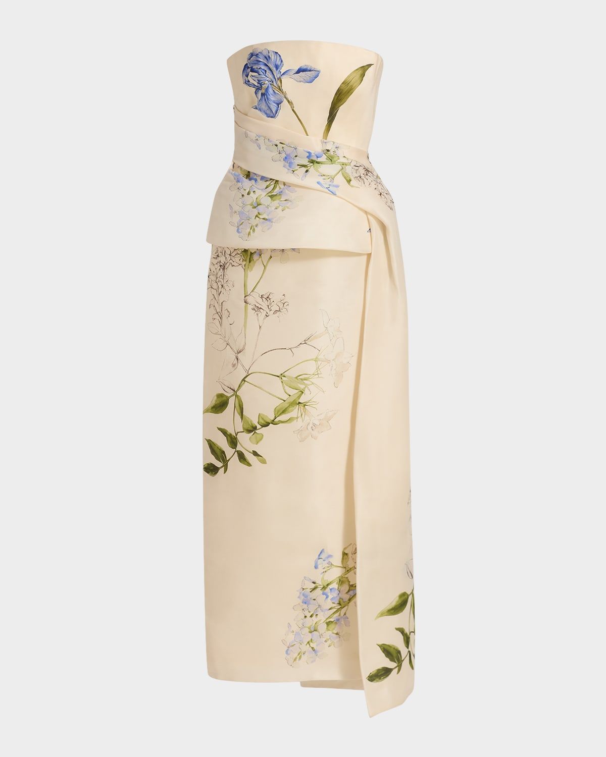 Iris Gazar Silk Strapless Peplum Drape Ankle Gown