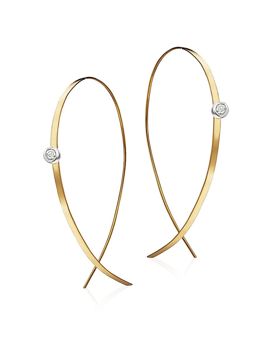 Women's Upside Down Small Diamond & 14K Yellow Gold Flat Hoop Earrings/1" - Gold
