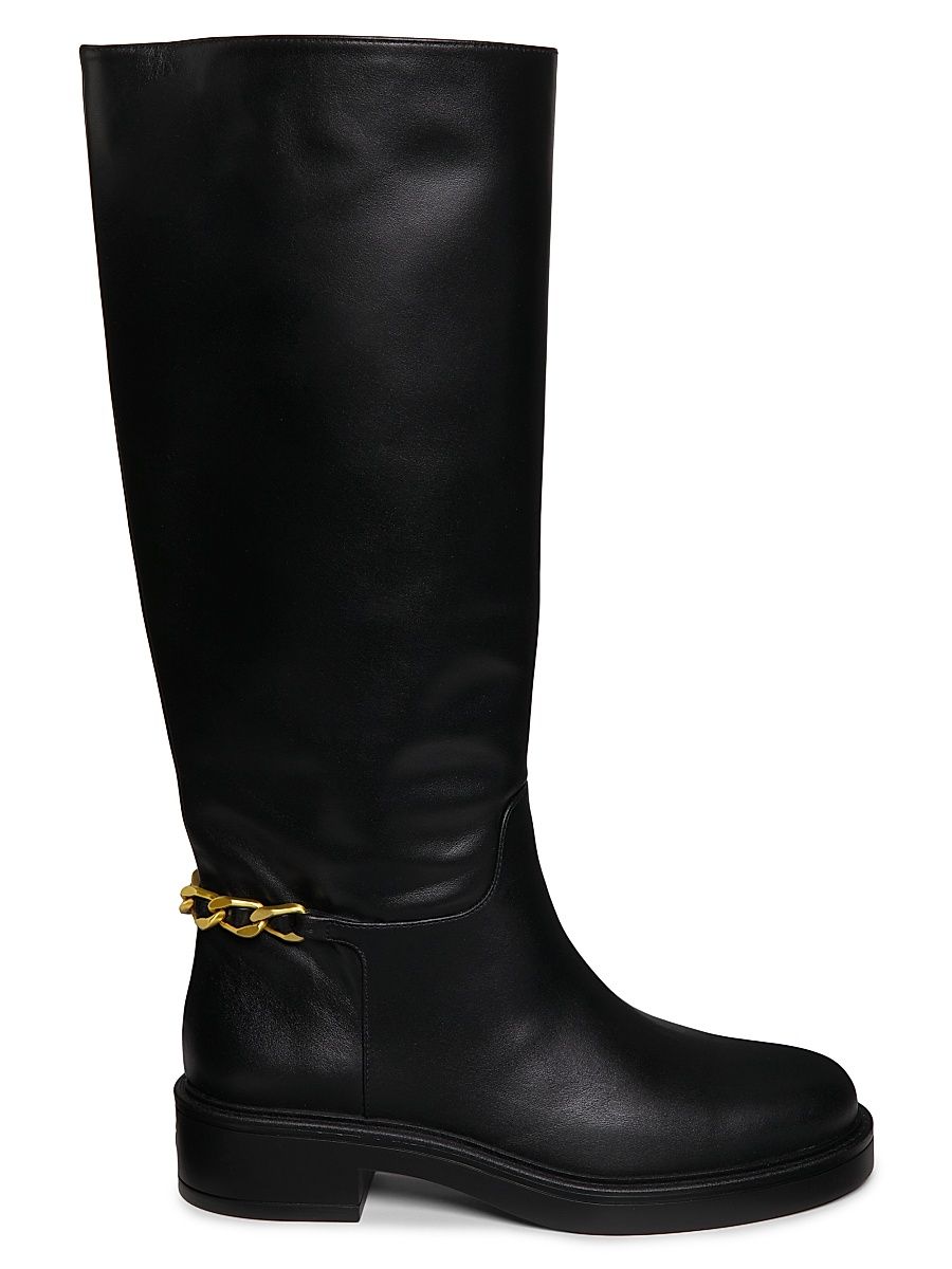 Women's Soluxe Chain-Detail Leather Boots - Black - Size 9.5