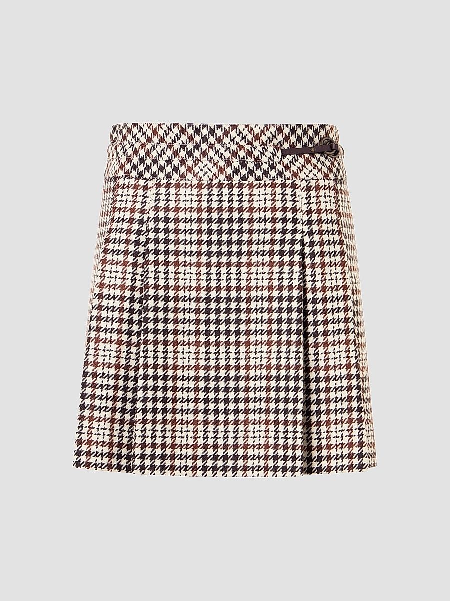 Women's Houndstooth Tweed Wool-Blend Mini Kilt Skirt - Winter White Espresso - Size 12