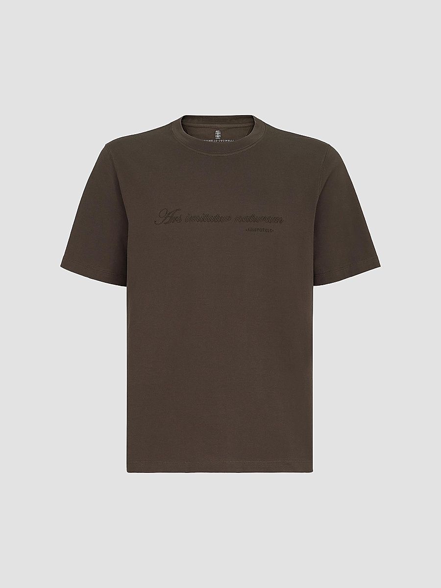 Brunello Cucinelli Men's Cotton Jersey Crew-Neck T-Shirt with Embroidery - Brown - Size XXXXL