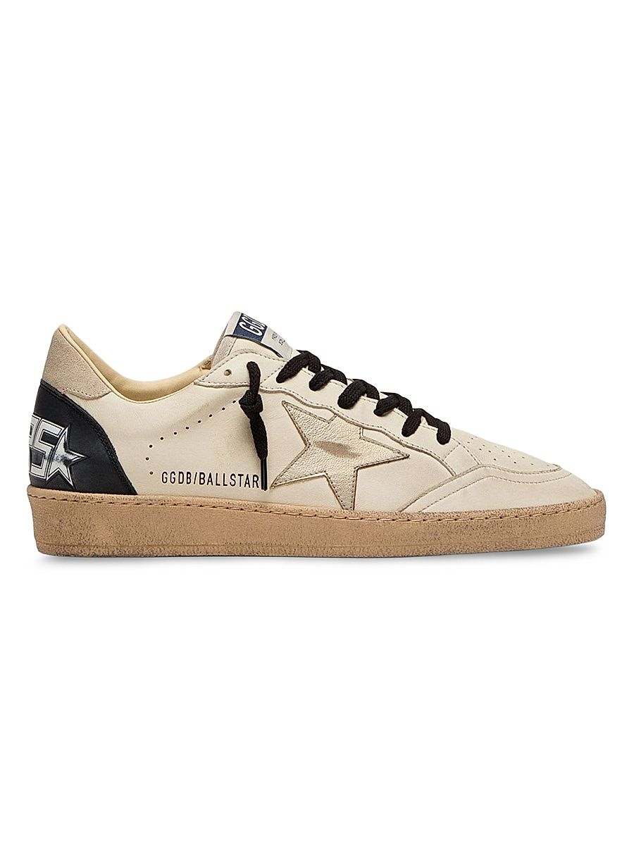 Men's Ball Star Leather Low-Top Sneakers - White Beige Platinum Black - Size 14
