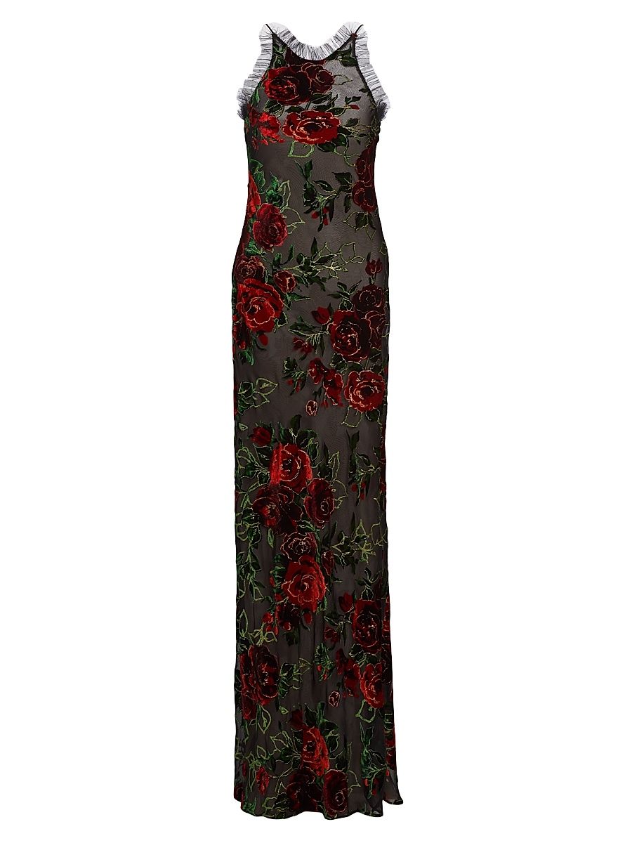 Women's Red Rose Velvet Devoré Gown - Black - Size 6