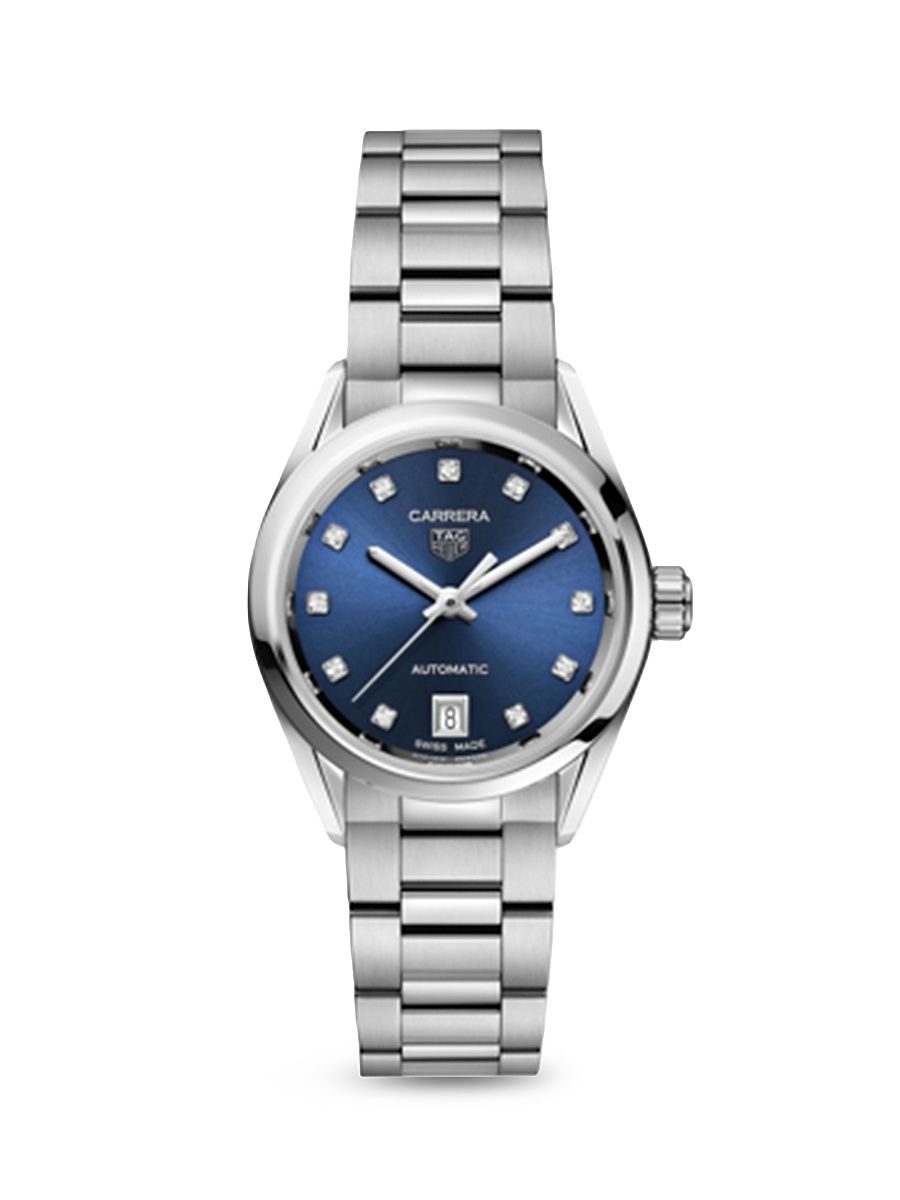 Women's Carrera Stainless Steel, Blue Dial & Diamond Automatic 29MM Bracelet Watch - Silver
