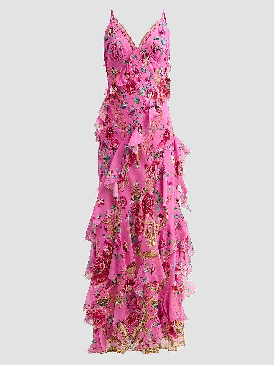 Women's Maradora Flora Print Silk Ruffle Slip Dress - Matadora Flora - Size XS