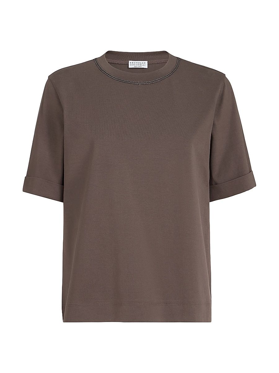 Women's Cotton Jersey T-Shirt with Shiny Trims - Brown - Size XXXXL