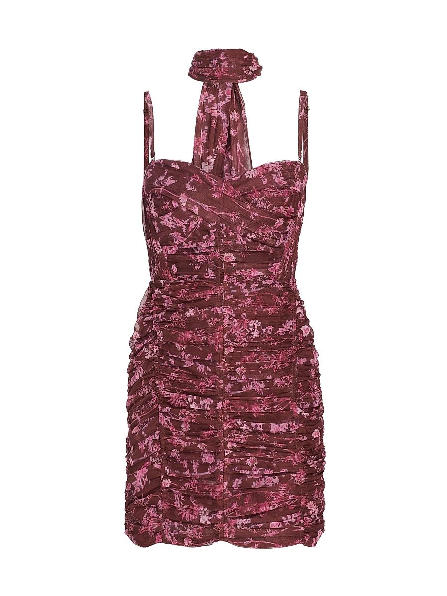 Women's Ayla Floral Ruched Minidress - Mahogany Brown Print - Size Small