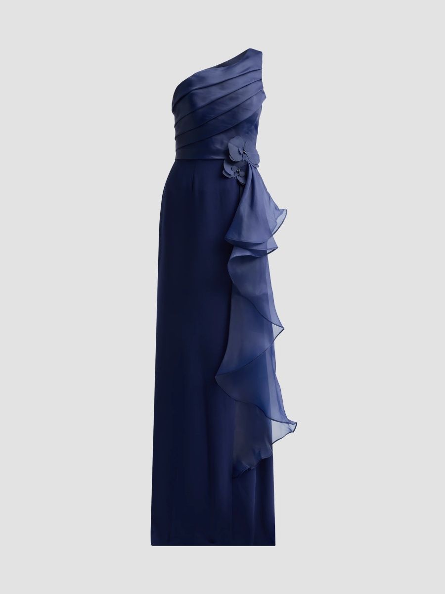 Rene Ruiz Collection Women's Draped Organza One-Shoulder Gown - Navy - Size 16