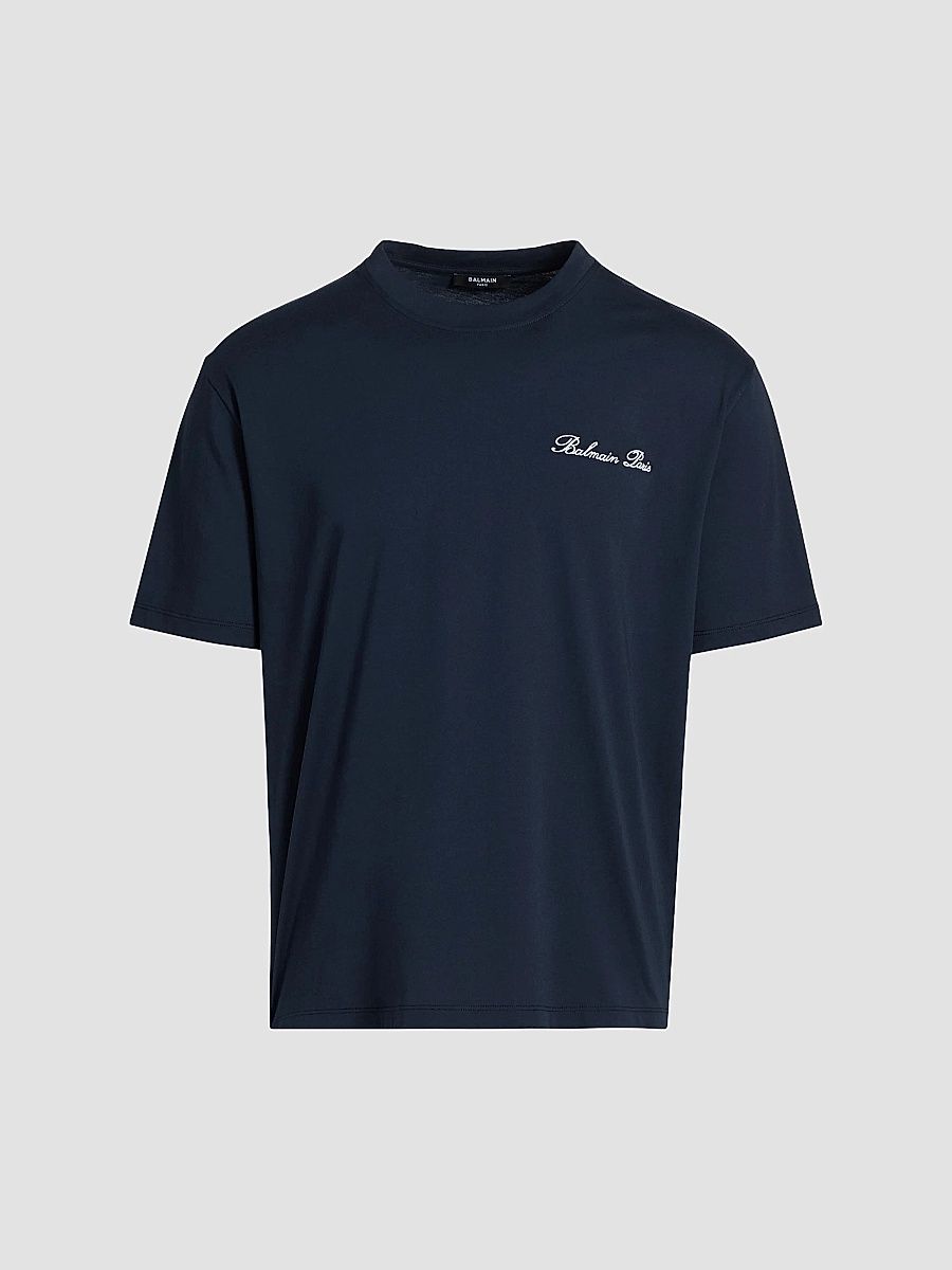 Balmain Men's Logo-Embroidered Cotton T-Shirt - Marine Blanc - Size XXL