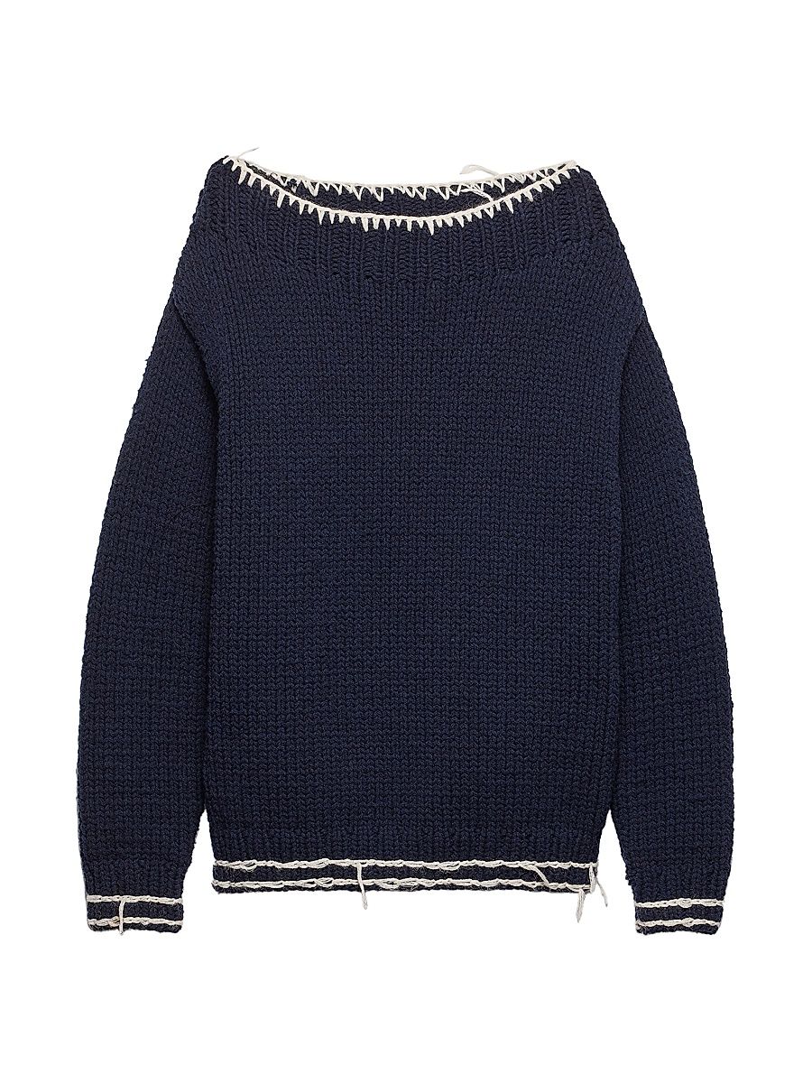Men's Wool Boat-Neck Sweater - Blue - Size 42