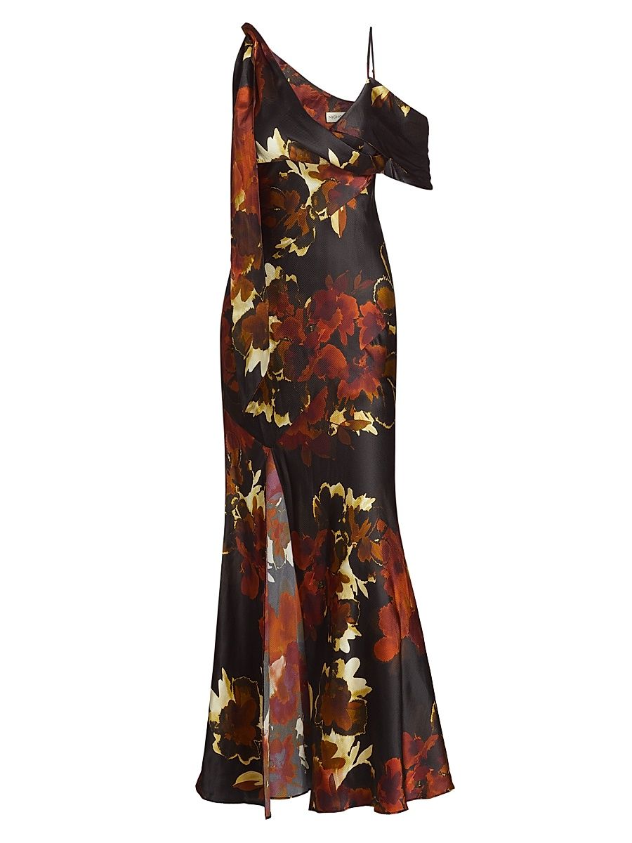 Women's Mirabelle Asymmetric Silk Gown - Blur Floral Black - Size 2