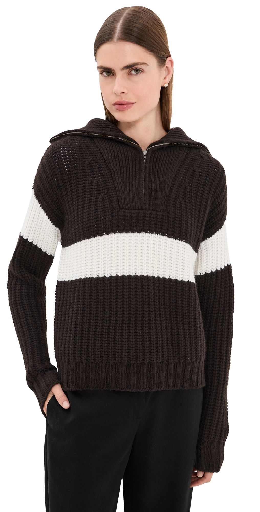 LISA YANG Mavis Quarter Zip Cashmere Sweater Dark Oak/Cream 1