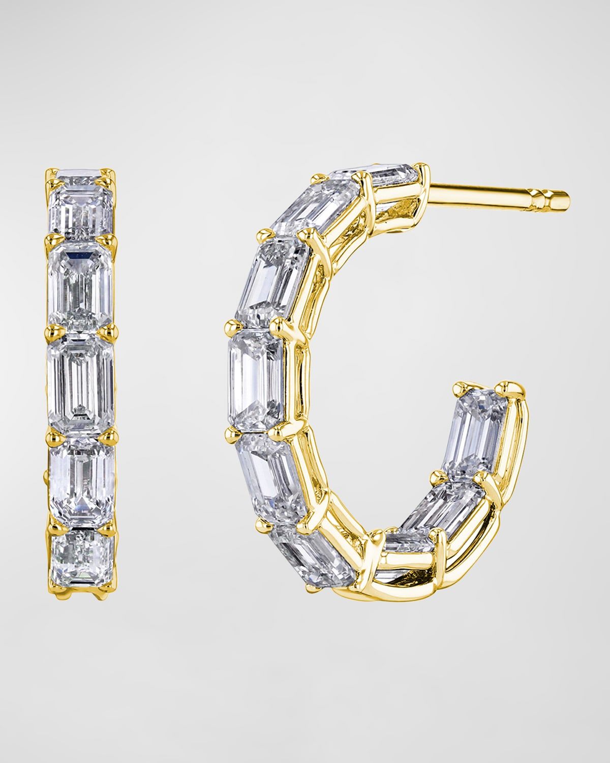 18K Gold North-South Emerald-Cut Diamond Hoop Earrings, 2.6tcw/0.75"L