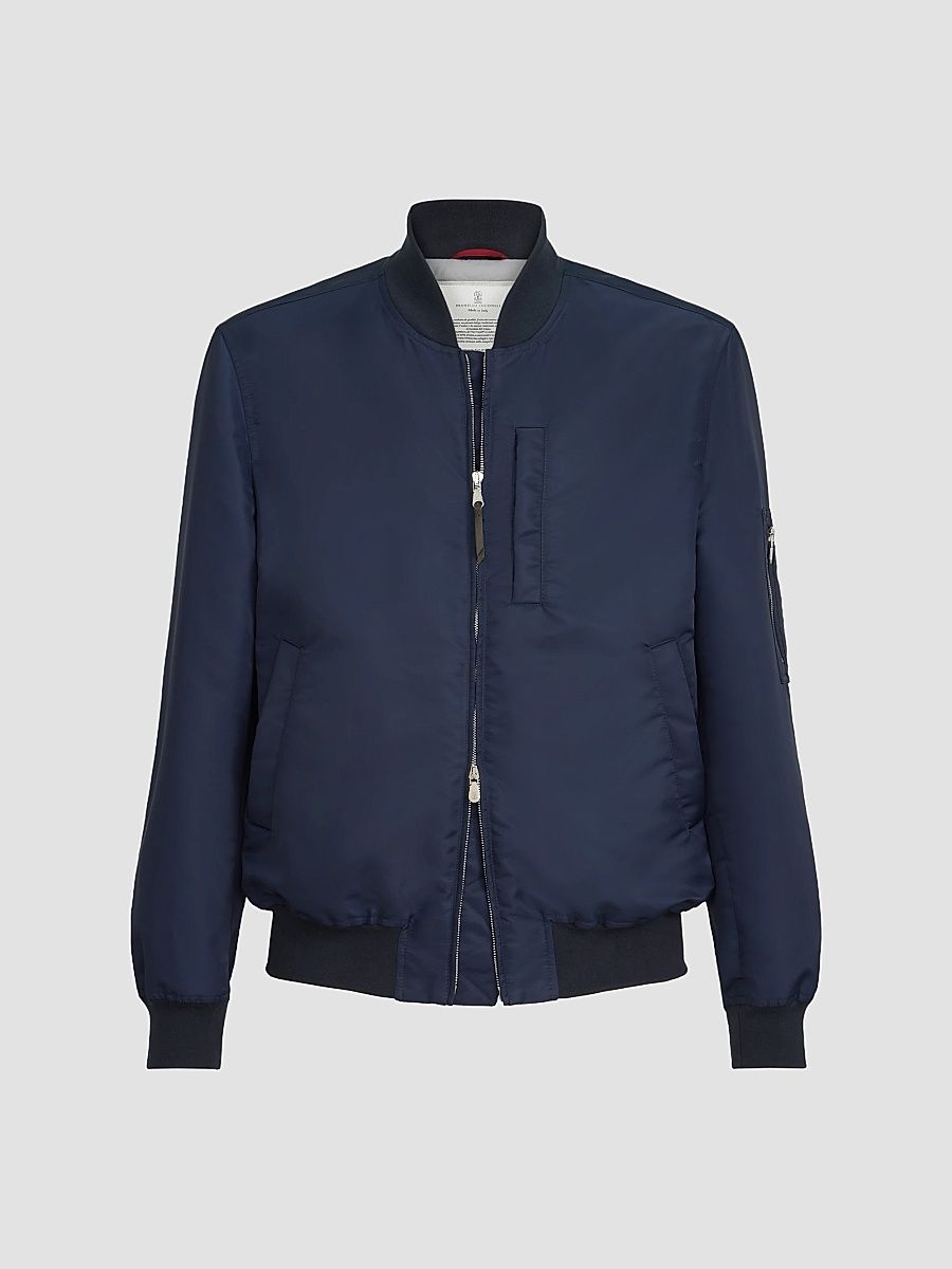 Men's Water-Resistant Techno Satin Bomber Jacket - Navy Blue - Size 42
