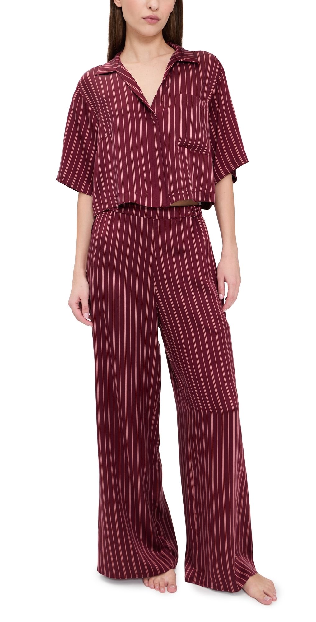 Lunya Washable Silk High Rise Pants Set Currant Veil Stripe L