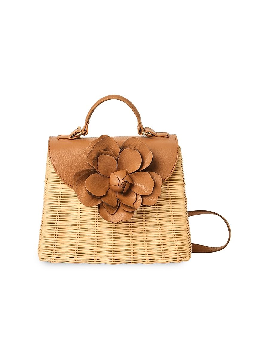 Women's Melody Flower-Appliqué Rattan Top Handle Bag - Natural Chocolate