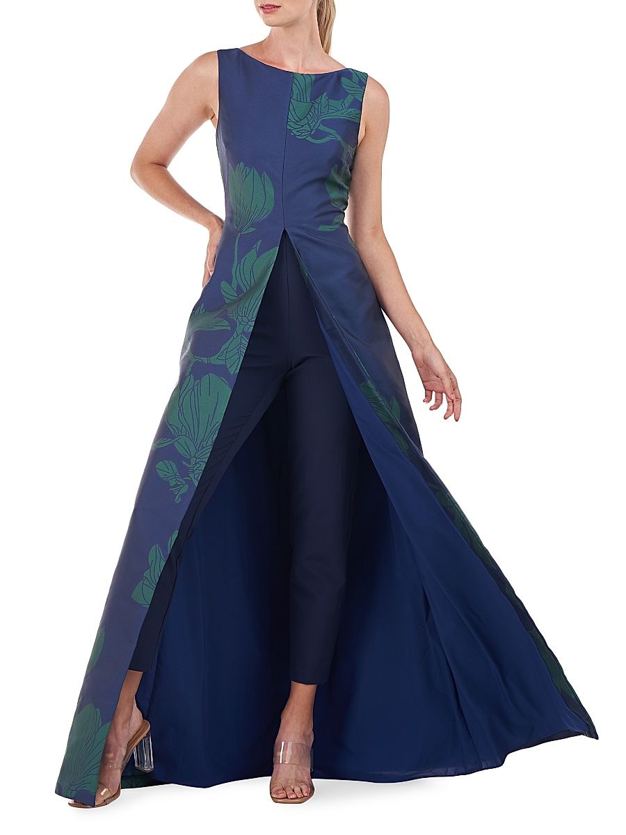 Women's Lorena Magnolia-Jacquard Walk-Thru Jumpsuit - Marine Blue Jade - Size 14