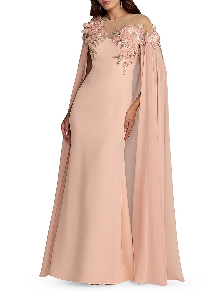 Women's Floral Crêpe Cape-Detail Gown - Blush - Size 18